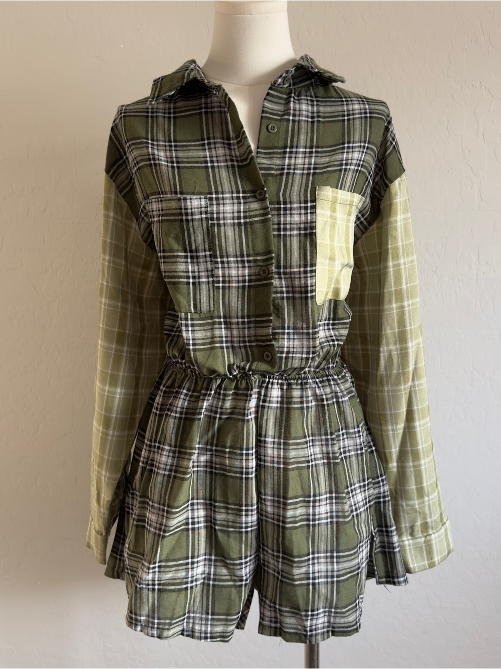 Prettylittlething Olive Green Plaid Button Romper